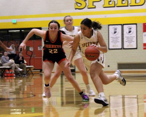 Junior Daniella Galvez drives to the basket during Sectional action Tuesday night
against Beech Grove. The Sparkplugs play in tonight’s IHSAA Sectional Semifinal at
Speedway.