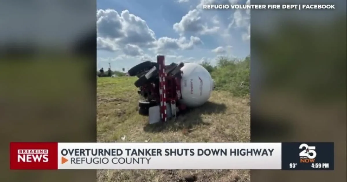 Emergency crews respond to a butane tanker rollover that closed U.S. 77 near State Highway 239