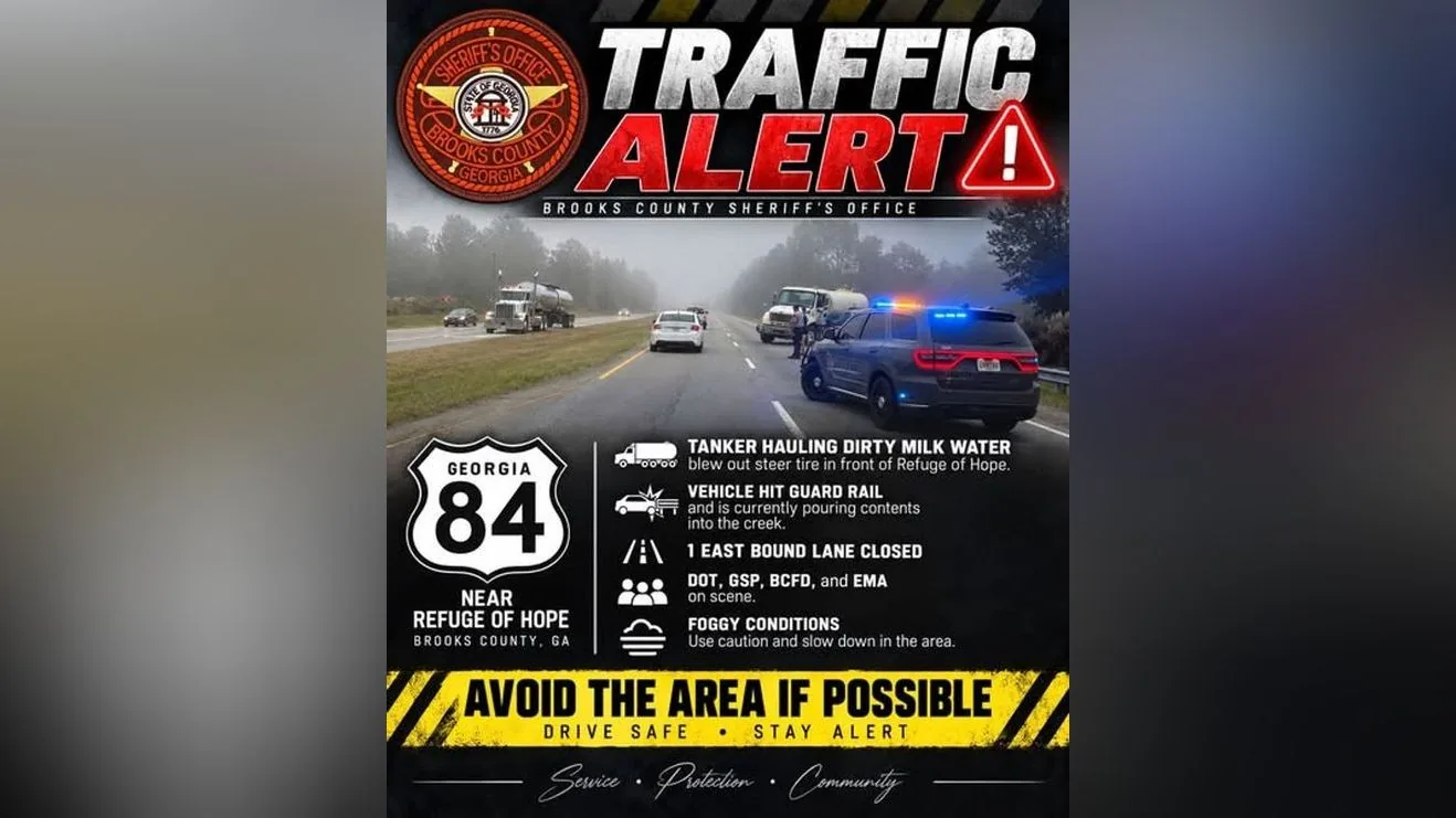 One Eastbound Lane of Georgia 84 Closed in Brooks County After Tanker Hauling Dirty Milk Water Crashes Near Refuge of Hope and Spills Into Creek