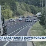 Police lights near a blocked highway after a car crash closed both directions for hours