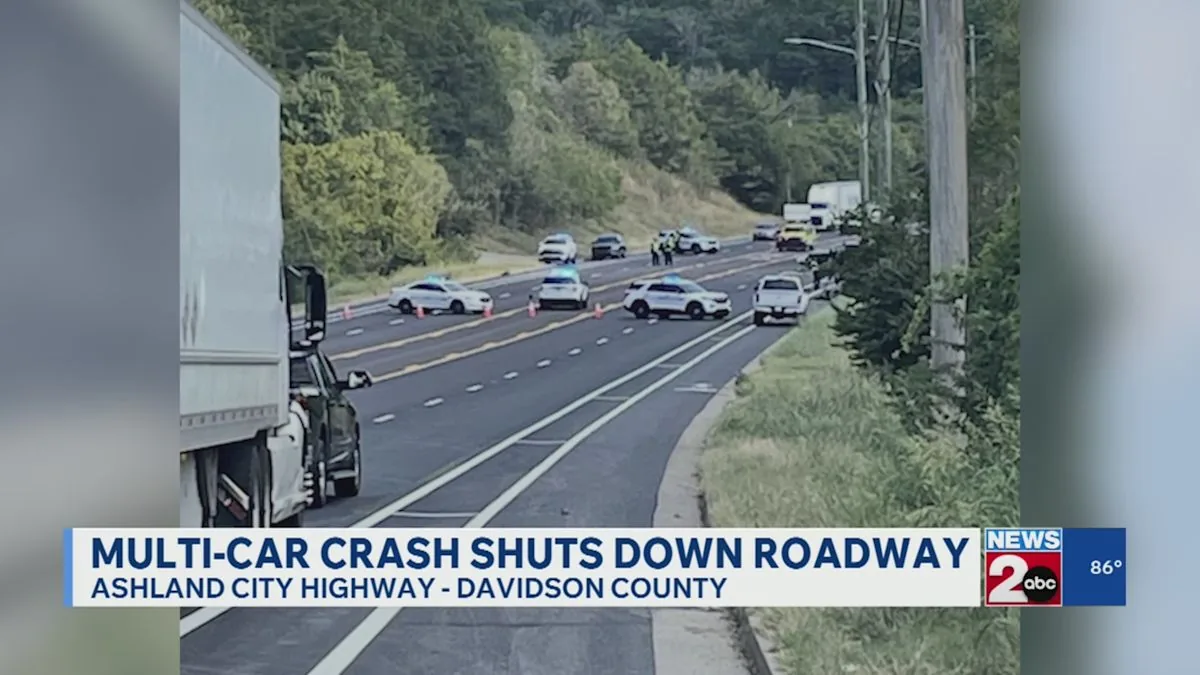 Police lights near a blocked highway after a car crash closed both directions for hours